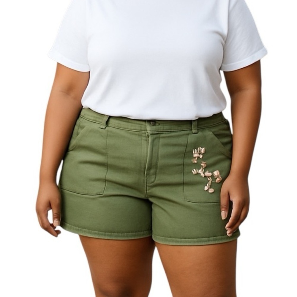 Lane Bryant Boho Floral Embroidered Raw Hem Chino Shorts Size 26 Green Pink